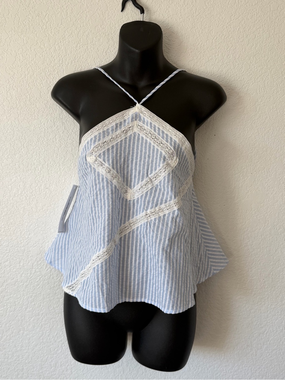 Princess Polly Blue and White Striped Lace-Trim Halter Cami